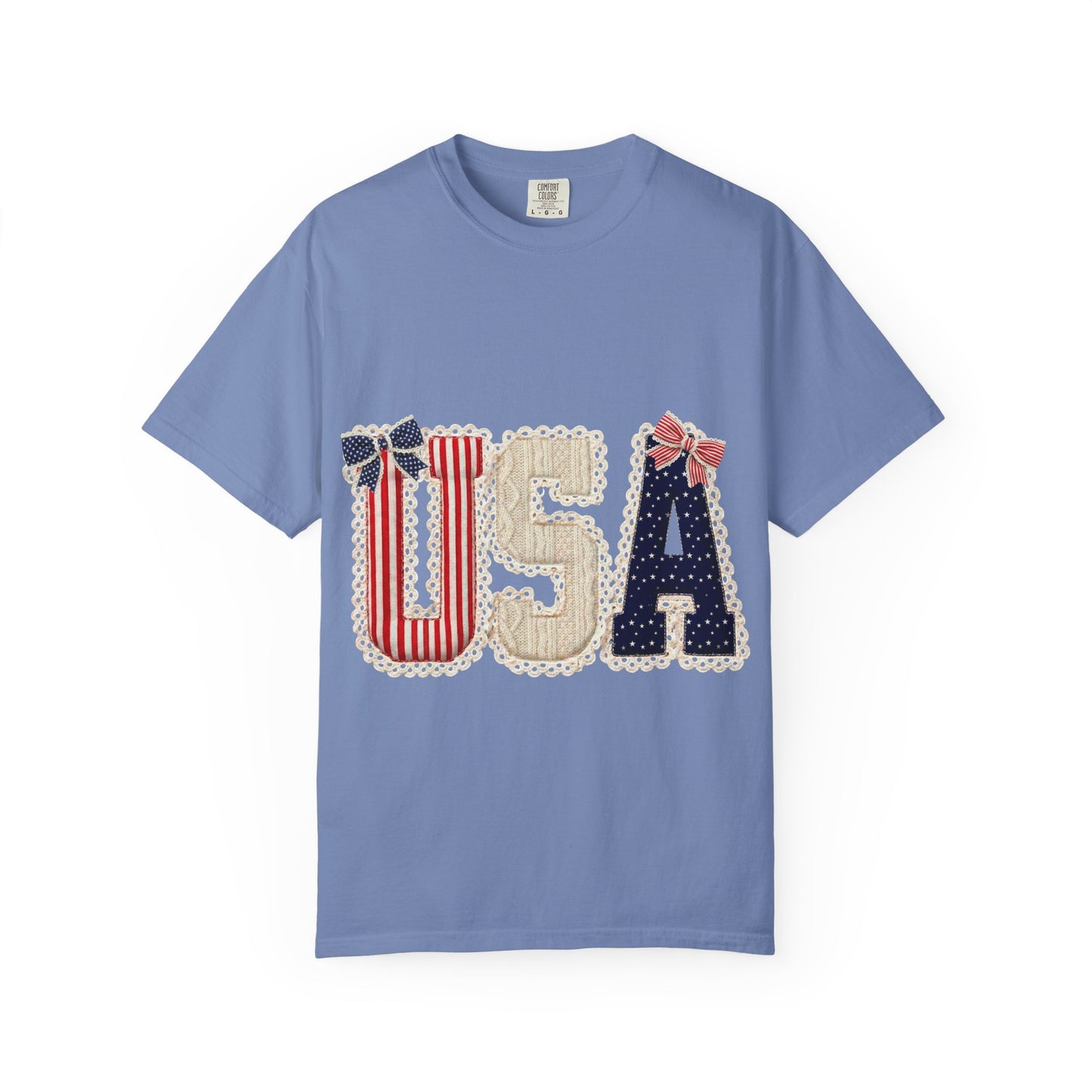 USA Patchwork T-Shirt — Patriotic Fourth of July Graphic Tee with Ribbon Accents