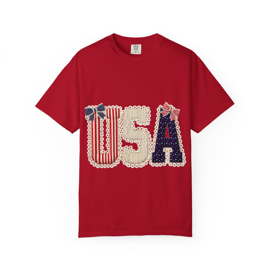 USA Patchwork T-Shirt — Patriotic Fourth of July Graphic Tee with Ribbon Accents