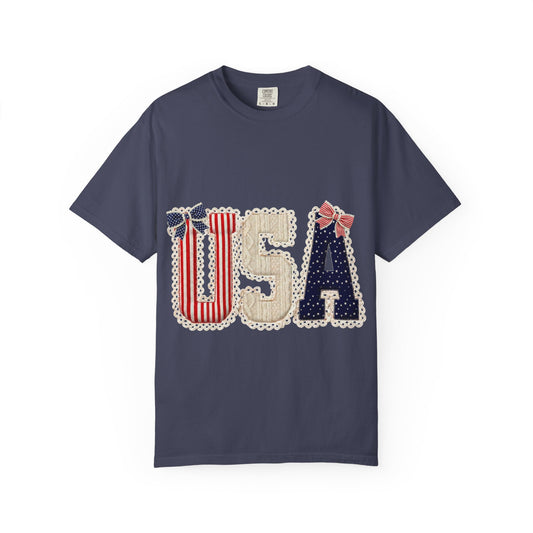USA Patchwork T-Shirt — Patriotic Fourth of July Graphic Tee with Ribbon Accents